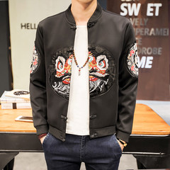 Chinese wind dragon men's jacket, men's shirt embroidery fat XL space cotton coat autumn tide 3XL JK87 black