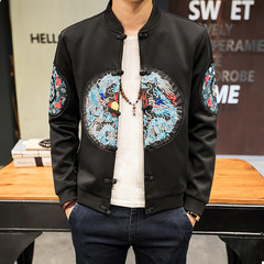 Chinese wind dragon men's jacket, men's shirt embroidery fat XL space cotton coat autumn tide 3XL JK81 black