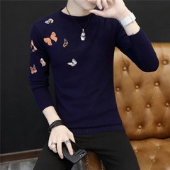 Men's sweater T-shirt 2017 men's knitted sweater embroidered in autumn and winter Chinese wind down the line. 3XL Blue butterfly