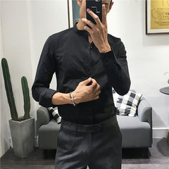 Autumn new shirt sleeved white shirt collar Chinese slim wind Metrosexual stylist cotton shirt 3XL black