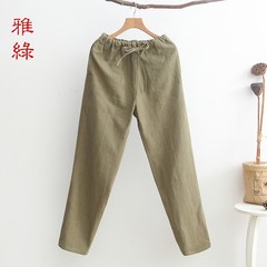 Cotton linen trousers men's casual pants pants and elastic waist costume Chinese wind loose lay clothes trousers One hundred and sixty-five Green Ya