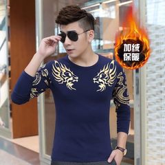 Autumn and winter men's long sleeved T-shirt with fleece thickening Chinese style wind print bottoming shirt 3XL 9608 blue velvet