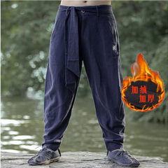 The wind in autumn and winter Chinese men's pants pants men loose cotton linen trousers size Pants Plus Haren cashmere 3XL Navy Blue (cashmere)