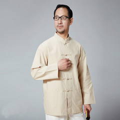 China wind Man Costume cotton long sleeved shirt and denim shirt Chinese old men clothes lay clothes Size is bigger, it is recommended to lean, choose small 1 yards Beige