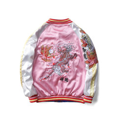The spring and autumn wind silk embroidery China JiangMo two-sided wear baseball uniform male female couple Yokosuka flight jacket coat S Pink