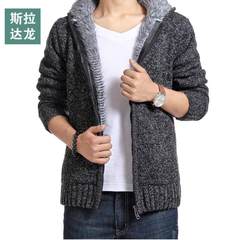 2017 young men's winter line sweater coat plus velvet cotton knit cardigan jacket Mens slim thickening XL/180 Dark grey