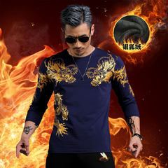男装秋季中国风长袖t恤男士纯棉打底衫纹身龙图案衣服加绒上衣男 4XL（180-200斤） 9674蓝色