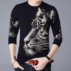 New style of Chinese Style Men's sweater in spring and Autumn period, male big size V collar knitted sweater, young men's sweater 165/M Silver Tiger [thickening]