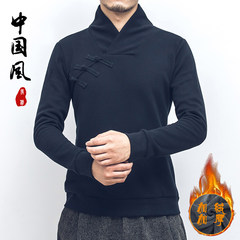 China wind men's folk style costume with long sleeved T-shirt, slim size cashmere shirt youth in autumn and winter 2XL (155-165 Jin) [cashmere: 333] navy blue