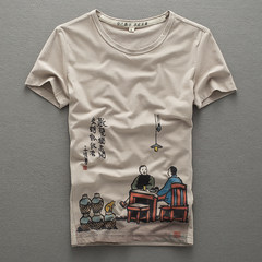 Chinese Mens retro imitation linen short sleeved T-shirt wind male T-shirt printing thin cotton material half sleeve T-shirt 3XL 7105 Khaki