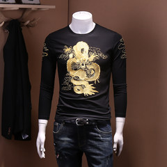 China Wind dragon embroidered long sleeve T-shirt, men's 2017 autumn and winter new style collar shirt, youth t-shirt, T-shirt, T-shirt, men's T tide 3XL Black (Golden Dragon)