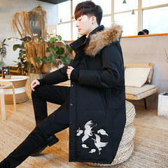 China wind dragon embroidery cotton men's size in the long coat jacket thick winter fur collar hooded cotton 3XL D12 black
