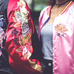 The spring and autumn wind silk embroidery China JiangMo two-sided wear baseball uniform male female couple Yokosuka flight jacket coat S blue