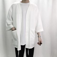 The summer wind Chinese Vintage Chinese style loose Xianhe embroidered kimono cardigan men thin seven shirt sleeve clothes M white