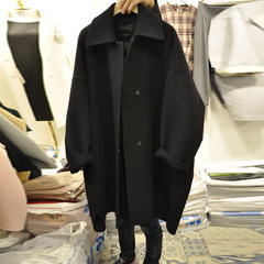 Autumn and winter Guokuo Han shaped woolen coat size loose thick oversize type cocoon wool coat, long XS Black (lining with cotton)