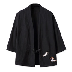China Japanese style tunic coat male tide brand Japanese retro embroidery and wind seven kimono sleeves cardigan male autumn 3XL black