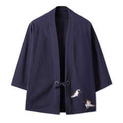 China Japanese style tunic coat male tide brand Japanese retro embroidery and wind seven kimono sleeves cardigan male autumn 3XL Tibet Navy