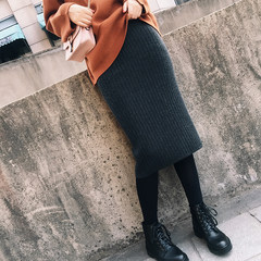 2017 new winter wool knitted skirt female waist thick in the long slit elastic bag hip skirt step skirt F Black (click on the details page for the first map)