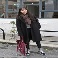 Wool coat female loose in the long section of the Korean version of the new autumn and winter the little student cocoon thickened woolen coat XS Black thickening