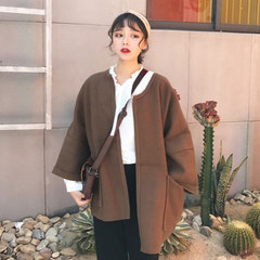 The winter wind wind port of Korean ulzzang Harajuku wool coat female student chic loose short woolen coat F Dark brown