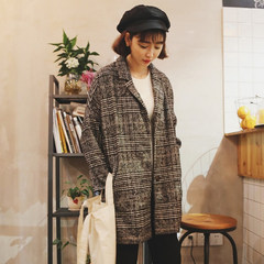 Winter women's new Korean retro lattice in the long woolen coat Long Sleeved loose wool coat of female students S Dark grey