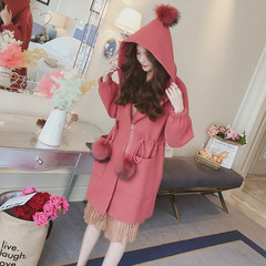 2017 new short waist hooded wool coat, long loose woolen coat in autumn and winter in South Korea S Red bean powder