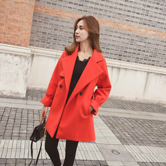 The new 2017 small grain Korean autumn pure wool coat lapel long woolen coat girls temperament tide S Orange red