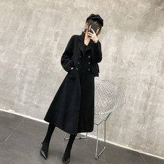 2017 winter black thin waist double breasted Maxi skirt type wool coat female woolen coat XS black