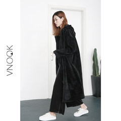 VNOOK new heavy winter style handsome, thickening warm long Plush coat, velvet hooded woman L (height about 170) black