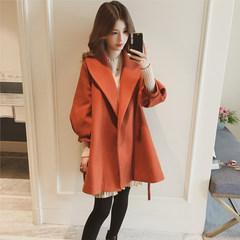In the long winter new Korean Lantern Sleeve loose wool coat dress little woolen coat S Orange red