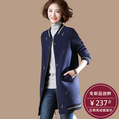 Wood wool coat embroidered female winter baseball uniform in the long section of the Korean version of 2017 new female loose woolen coat M Navy Blue