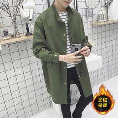 Autumn and winter plus men's windbreaker windbreaker long Korean fashion lovers coat, self-cultivation students coat handsome BF wind XL (about 150-170 pounds can be worn) Army green velvet