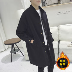 Autumn and winter plus men's windbreaker windbreaker long Korean fashion lovers coat, self-cultivation students coat handsome BF wind XL (about 150-170 pounds can be worn) Black velvet