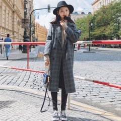 2017 new winter long Plaid knee thick wool coat female Han van loose retro woolen coat S Gray (collection of small gifts)