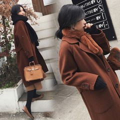 Caramel color coat girls long section of South Korea 2017 new star wool tweed coat thin knee coat XS black