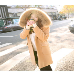 Long wool coat, 2017 new winter's female Korean students hooded big fur collar woolen coat S [and] cotton khaki
