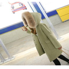 Long wool coat, 2017 new winter's female Korean students hooded big fur collar woolen coat L Pea green [cotton]