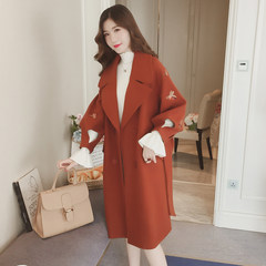 New Korean embroidery Lantern Sleeve waist wool coat girls long loose knee female woolen coat S Reddish brown