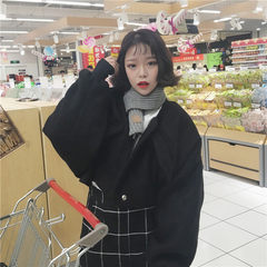 Winter women's new 2017 Korean BF loose short coat Lantern Sleeve Jacket student woolen coat F black
