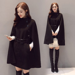 Vintage Hepburn shawl woolen coat cloak in the long section of loose wool coat female chic autumn and winter S black
