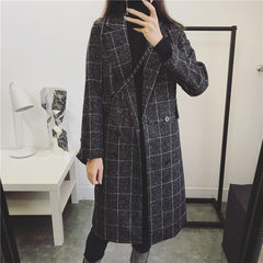 JUSTQ new winter and autumn Wool Plaid double breasted buckle, long and medium length suit, hair coat, lady's coat M Dark grey