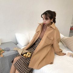 Autumn ladies loose Korean double pocket single breasted woolen coat Lantern Sleeve short coat students F Camel