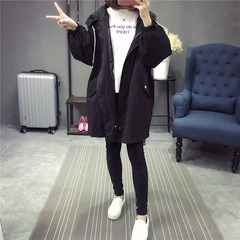 2017 new Korean students in the long and loose code all-match cashmere windbreaker female autumn Hooded Jacket 3XL Black (thin paragraph)