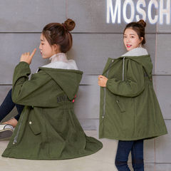 2017 new Korean students in the long and loose code all-match cashmere windbreaker female autumn Hooded Jacket 3XL Army green (suede)