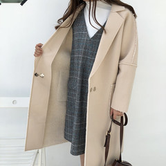 Hitz 2017 Korean ulzzang all-match solid loose woolen coat Long casual coat girl F Apricot thickening