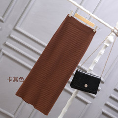 Large size split skirt female knit loose fat mm in spring and autumn and winter long skirt bag hip skirt dress 200 pounds 2XL [160-210 Jin] Khaki