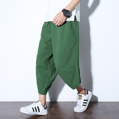 In summer, the Chinese wind code nine points pants, men linen loose loose crotch, Haren pants tide retro, leisure small feet radish pants 3XL green