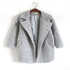 Winter new Korean Tweed Wool Coat girls cocoon long woolen coat loose Korea thickening S Grey (with cotton thickening)