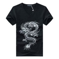 2017 summer cotton short sleeved t-shirt men V collar Chinese wind dragon pattern loose sleeve t-shirt men fat man clothes 3XL black
