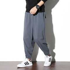 Chinese style menswear in autumn and winter, big size loose linen, casual radish pants, Nepali trousers, little feet, long pants 3XL Gray blue